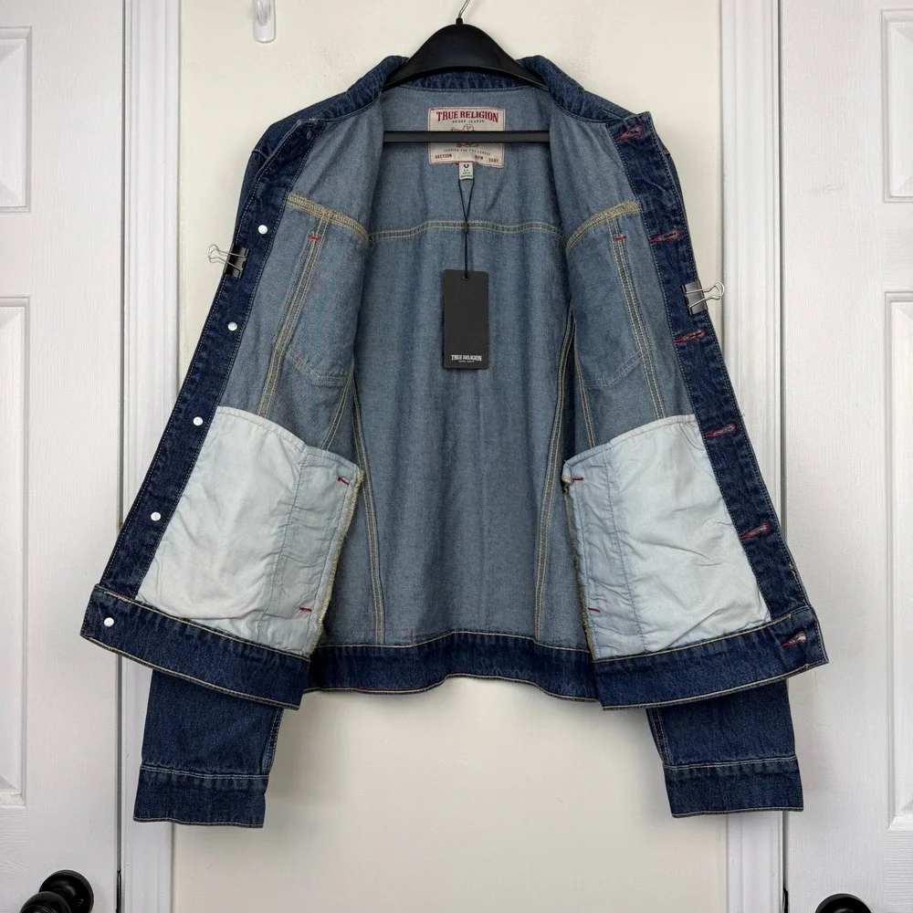 NEW True Religion Jesse SN Trucker Jacket Mens L Dark Fir Balsam Blue Denim $164